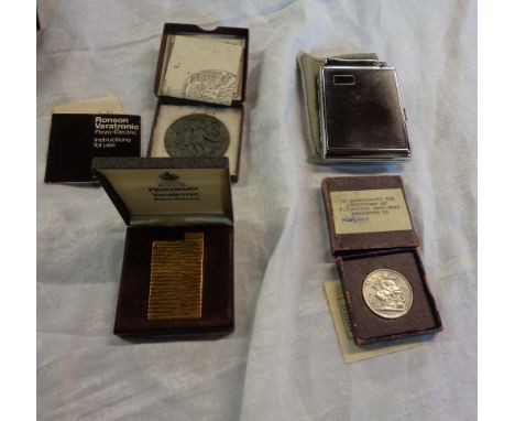 A boxed R.M.S. Lusitania medallion and boxed 1951 Festival of Britain 5 Shilling coin - sold with a boxed Roson Variflame lig