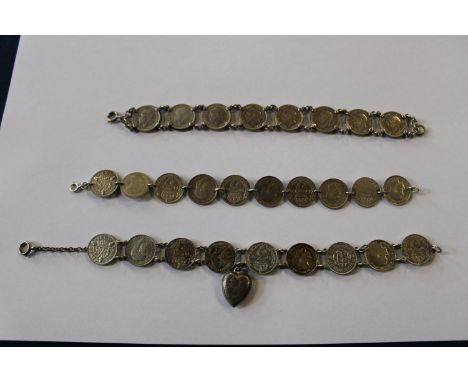 Three vintage three pence silver bracelets 