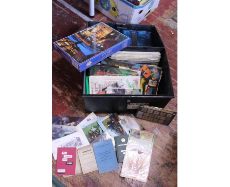 A vintage storage box and contents of assorted ephemera (mainly steam train related), shipping unavailable 