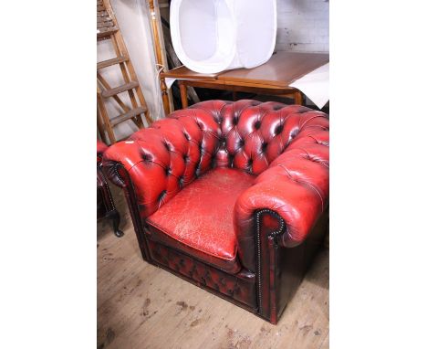 A vintage leather chesterfield tub chair in oxblood. Good condition with general ware and tear. No Shipping 