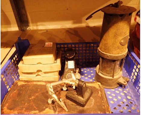 Mixed lot of four boxes of exposed glass plates technical drawing set office stamp and a miners lamp 