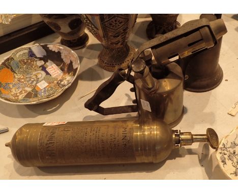 Two vintage paint strippers with brass Mini Max fire extinguisher 