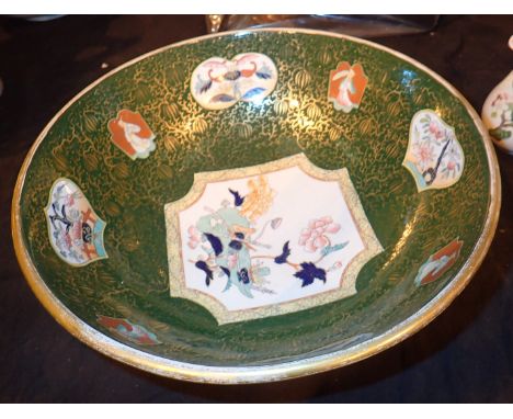Large Oriental style fruit bowl by Ashworth in green and gold with flower panels 