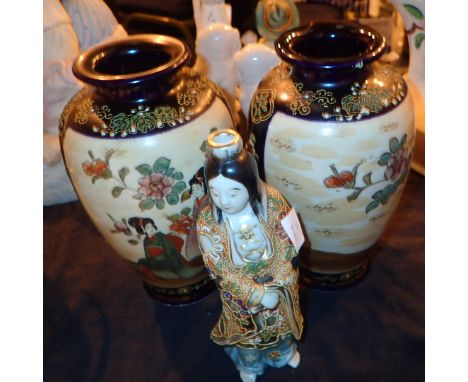 Pair of Japanese Satsuma vases H: 23 cm and a figural candlestick 