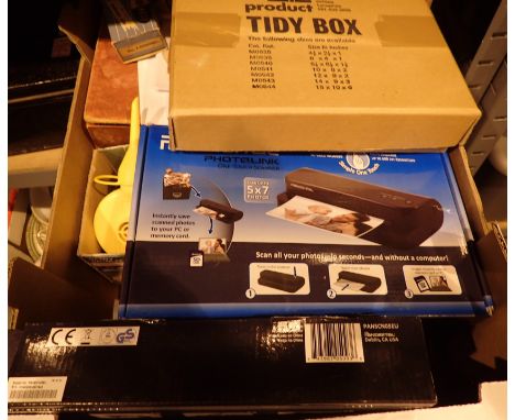 Box of vintage and modern office items including scanners 