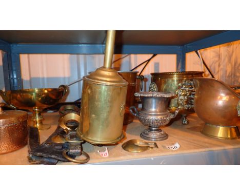 Shelf of antique brass and copper to include clockwork roasting spit 