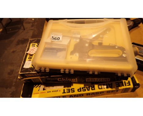 Four boxes of tools to include two boxes of chisels stapler and box of files 