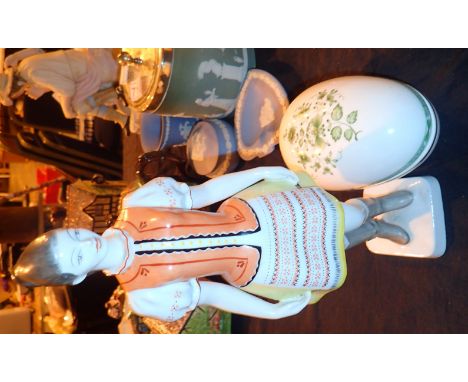 Two piecies Hungarian Hollohaza ceramic female figurine in dress and an egg shaped container