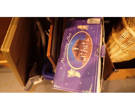 Box with nativity scene framed silks and prints 