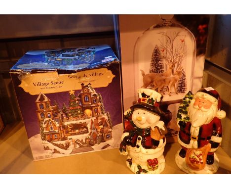 Animated Christmas village scene Christmas holiday stag and deer under glass cloche battery operated light up Santa and snowm