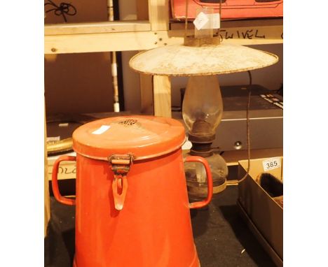 Antique hanging metal and glass oil lantern and an enamelled pot 
