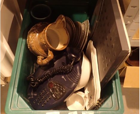 Box of mixed items to include scales telephone ceramics costume jewellery etc