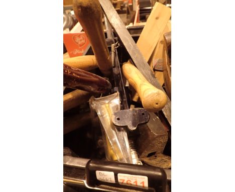Box of tools to include wooden planes sash clamp etc 