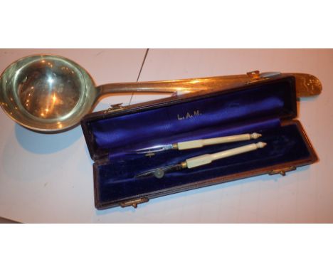 Elkington silver plated ladle and cased ivory handled drawing instruments 