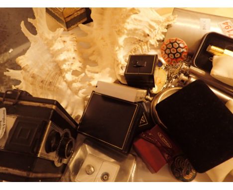 Tray of assorted items to include shells clocks cameras and ring boxes 