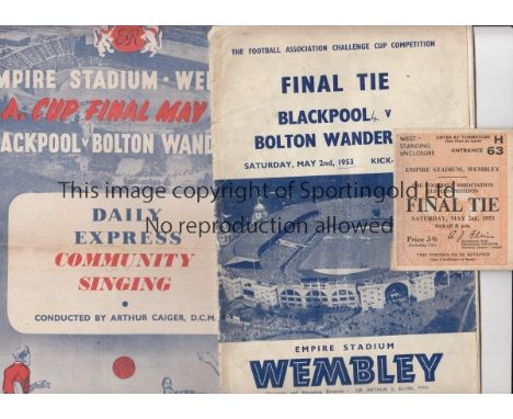 1953 CUP FINAL   1953 Cup Final, Blackpool v Bolton, programme (only fair as several faults), ticket (generally good) and son