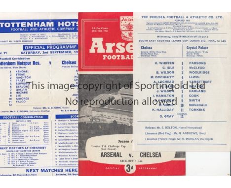 CHELSEA   Three programmes, home card issue v Crystal Palace 5/4/67, South East Counties Final, Arsenal  v Chelsea 15/10/59 L