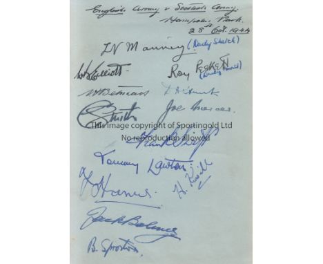 ARMY 1944   Autograph album sheet from the Joe Mercer collection dated 28/10/44, English Army v Scottish Army at Hampden Park