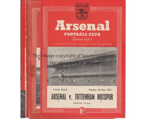 ARSENAL    Six Arsenal home programmes , all friendlies, v Tottenham 4/5/53, Anderlecht 21/10/53 ( tape marks), Racing Club P