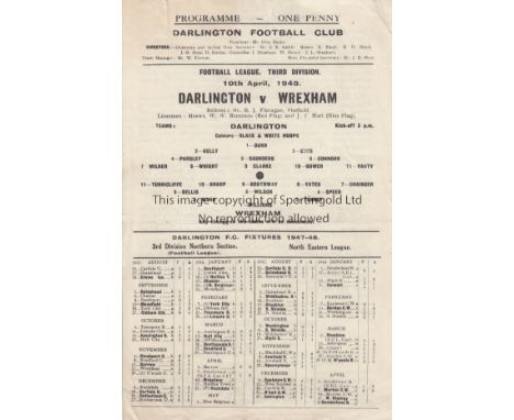 DARLINGTON V WREXHAM 1948     Single sheet programme for the League match at Darlington 10/4/1948, very slight horizontal cre