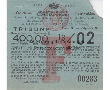 EURO 1972   Ticket Belgium v Hungary European Championships 3rd/4th Place match in Liege 17th June 1972. Torn on entry at per