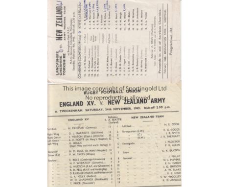 RUGBY UNION 1946    Two programmes, Lancashire/Cheshire/ Yorkshire Combined XV v New Zealand Army Touring Team, 9/2/46 at Bro