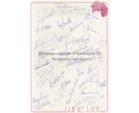 CRICKET AUTOGRAPHS      An A4 card with "Wine List" printed signed by 35 Test players including Rogers Prideaux, Peter Polloc