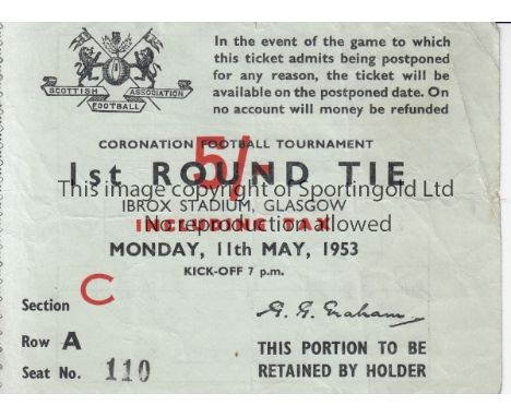 HIBERNIAN - TOTTENHAM 1953   Scarce match ticket, Hibernian v Tottenham, 11/5/53, Coronation Cup tie played at Ibrox Stadium,