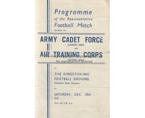 KINGSTONIANS 1943  Programme for wartime game, Army Cadet Force (London Area) v Air Training Corps (London Area), 18/12/43 at