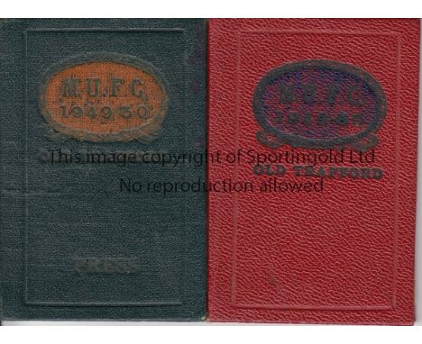 MANCHESTER UNITED 1949-50  Two season tickets for Manchester United , 1949-50, first season back at Old Trafford after bomb d