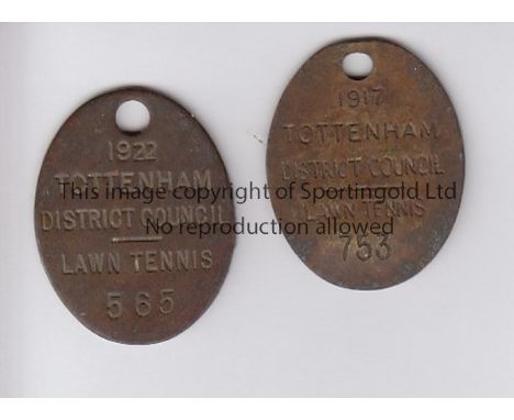 TENNIS        Two metal membership badges for Tottenham District Council Lawn Tennis club for 1917 and 1922.     Generally go