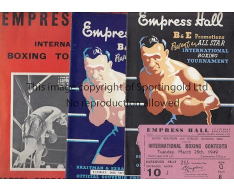 BOXING   Four programme plus a ticket for promotions by Braitman and Ezra at the Empress Hall, London. 29/3/49 programme and 