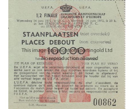 EURO 1972   Ticket Belgium v West Germany European Championships Semi Final in Antwerp 14th June 1972. Perforation intact.   