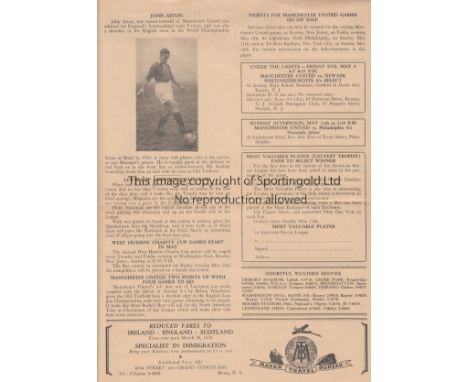 MAN UTD IN AMERICA 1952  Single sheet issue of American League Soccer news dated 20/4/1952. Includes advert for Manchester Un