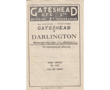 GATESHEAD V DARLINGTON 1948     Programme for the League match at Gateshead 13/9/1948, horizontal crease.    Generally good