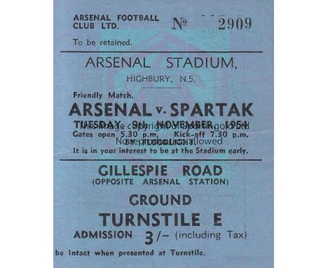ARSENAL TICKET 54   Match ticket, Arsenal v Spartak Moscow, 9/11/54, Gillespie Road Ground ticket.  Generally good