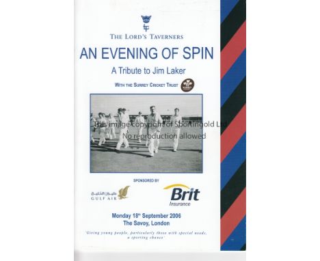 JIM LAKER / CRICKET AUTOGRAPHS    Ticket, menu and table plan for An Evening of Spin, A Tribute to Jim Laker of Surrey and En