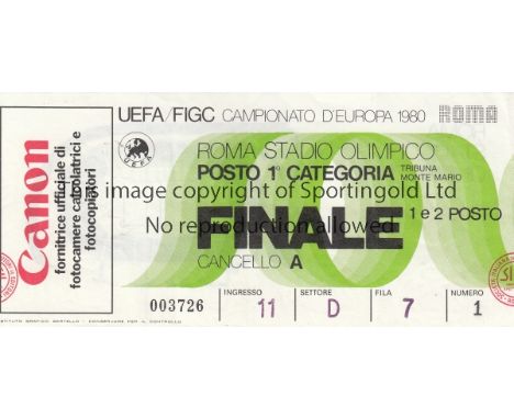 EURO 1980 Ticket Belgium v West Germany European Championships Final in Rome 22nd June 1980. Light vertical fold. Generally g
