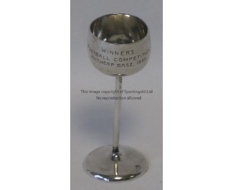 TROPHY 1920    Small silver coloured trophy with inscription reading  "Winners Football Competition Antwerp Base 1920. Measur