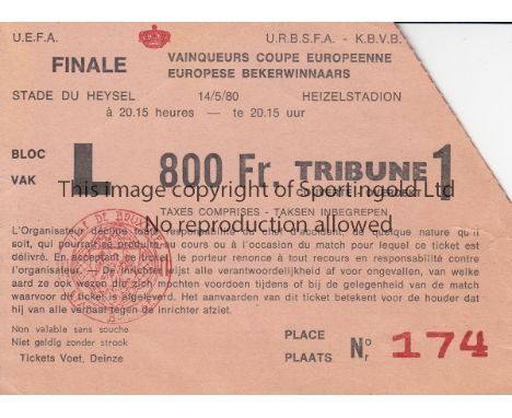 1980 ECWC FINAL TICKET     Seat ticket for Arsenal v Valencia in Brussels, Block L. Minor tear.   Generally good