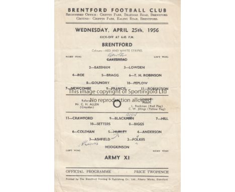 BRENTFORD V ARMY XI 1956      Scarce single sheet programme for the Friendly at Brentford 25/4/1956, creased and team changes