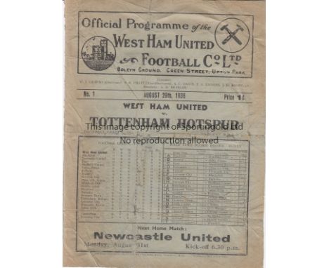 WEST HAM - SPURS 1936   West Ham home programme v Tottenham, 29/8/1936, numerous small tape repairs on inside pages , some cr