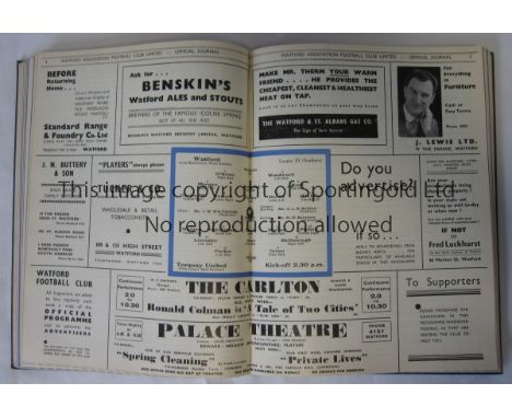 WATFORD BOUND VOLUME  1936-37  Bound volume containing 43 Watford home programmes, 1936-37, all have covers, includes 21 x Di