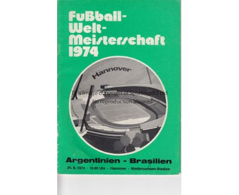 WORLD CUP 1974   Official programme (Green) Argentina v Brazil in Hannover 30th June 1974. This was an official programme pub