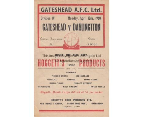 GATESHEAD 1959/60 Home programme v. Darlington 18/4/1960 in their last League season, slight horizontal crease and slightly w