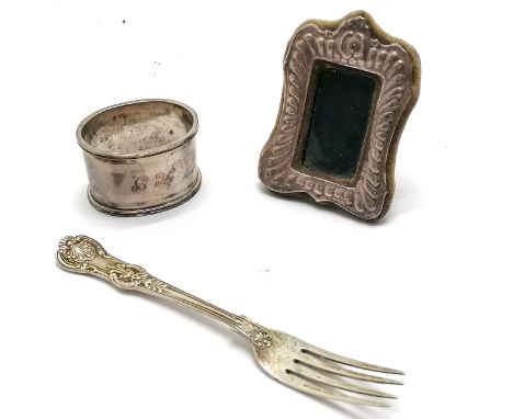 Sterling silver small photograph frame (8cm x 6cm), napkin ring &amp; fork - total weight 102g ~ SOLD IN AID OF LOCAL CHARITY