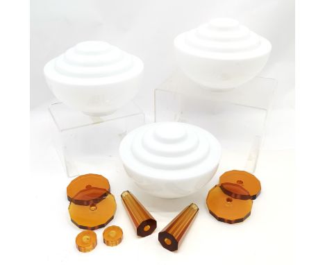 3 x Art Deco opaque white glass lamp / ceiling shades (24cm diameter &amp; gallery size 9.8cm) t/w qty of amber glass lamp pa
