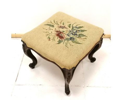 Antique carved rosewood footstool with tapestry upholstered seat 50cm x 47cm x 43cm high - in good used condition