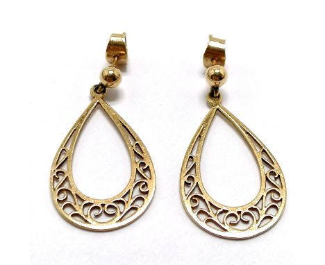9ct hallmarked gold filigree drop earrings - 3cm drop &amp; 2.5g