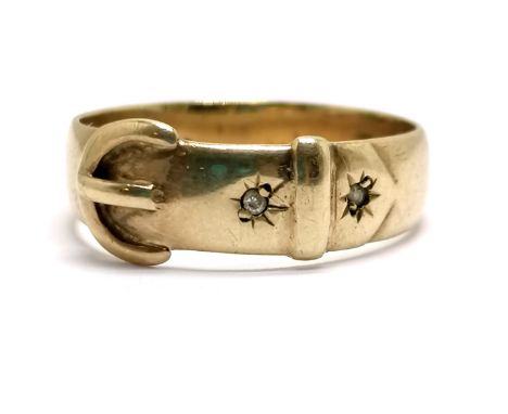 9ct hallmarked gold diamond set belt buckle ring - size R½ &amp; 3.1g total weight